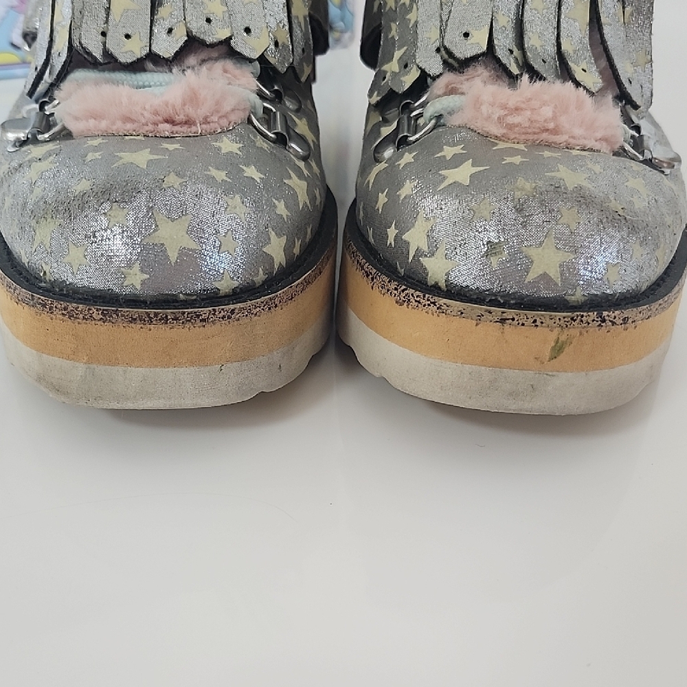 Irregular Choice Silver Star Fringe Boots with Pink Faux Fur Trim - Picture 3 of 16